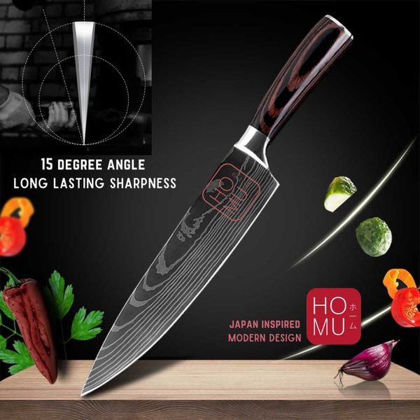 HOMU GYUTO PISAU JEPANG CHEF KNIFE HIGH CARBON STAINLESS DAMASCUS PATTERN WOOD HANDLE