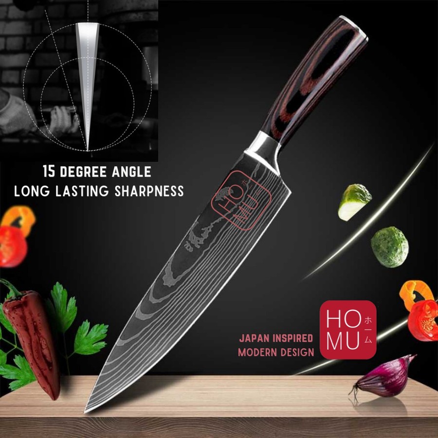 HOMU GYUTO PISAU JEPANG CHEF KNIFE HIGH CARBON STAINLESS DAMASCUS PATTERN WOOD HANDLE