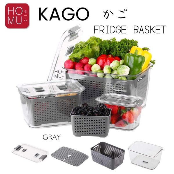 HOMU KAGO Fridge Basket Drainer Kotak Acrylic Wadah Keranjang Penyimpanan Anti Basah Sayur dan Buah Kulkas dengan Saringan Keep Fresh Container Box with Colander