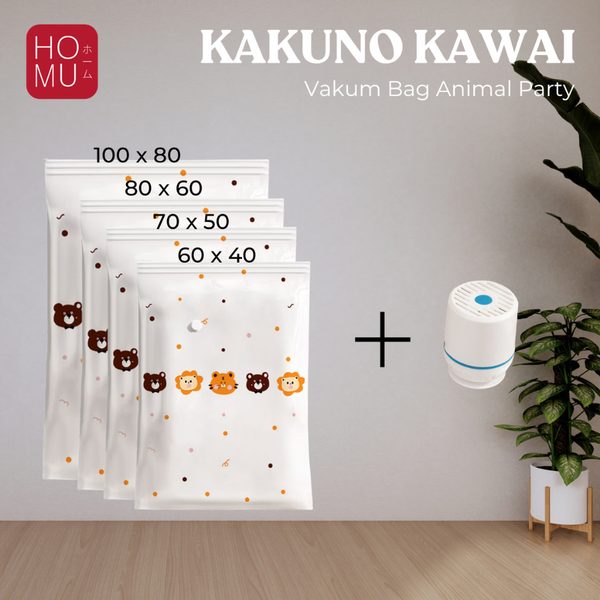 HOMU KAKUNO KAWAI 1 Set Kantong Vakum Plastik 4pcs dengan Pompa Motif Kartoon Hemat Ruang Anti Debu