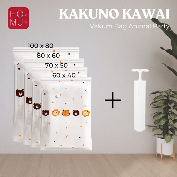 HOMU KAKUNO KAWAI 1 Set Kantong Vakum Plastik 4pcs dengan Pompa Motif Kartoon Hemat Ruang Anti Debu