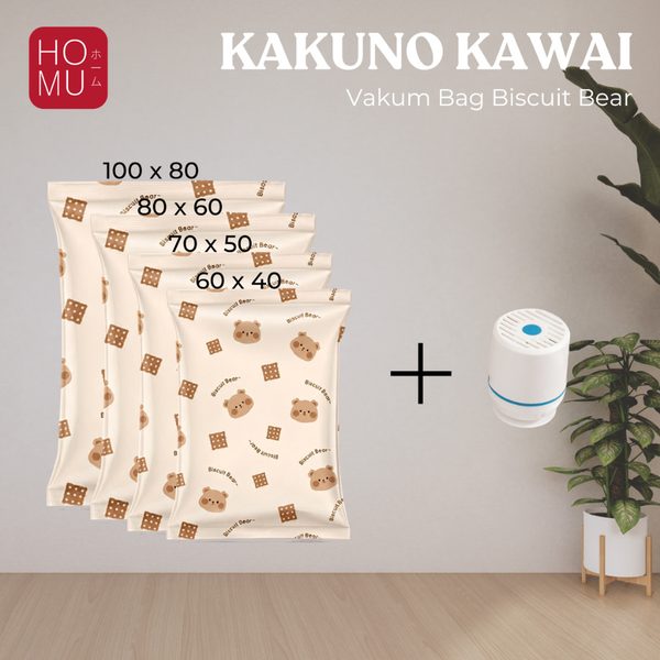 HOMU KAKUNO KAWAI 1 Set Kantong Vakum Plastik 4pcs dengan Pompa Motif Kartoon Hemat Ruang Anti Debu