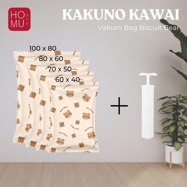 HOMU KAKUNO KAWAI 1 Set Kantong Vakum Plastik 4pcs dengan Pompa Motif Kartoon Hemat Ruang Anti Debu