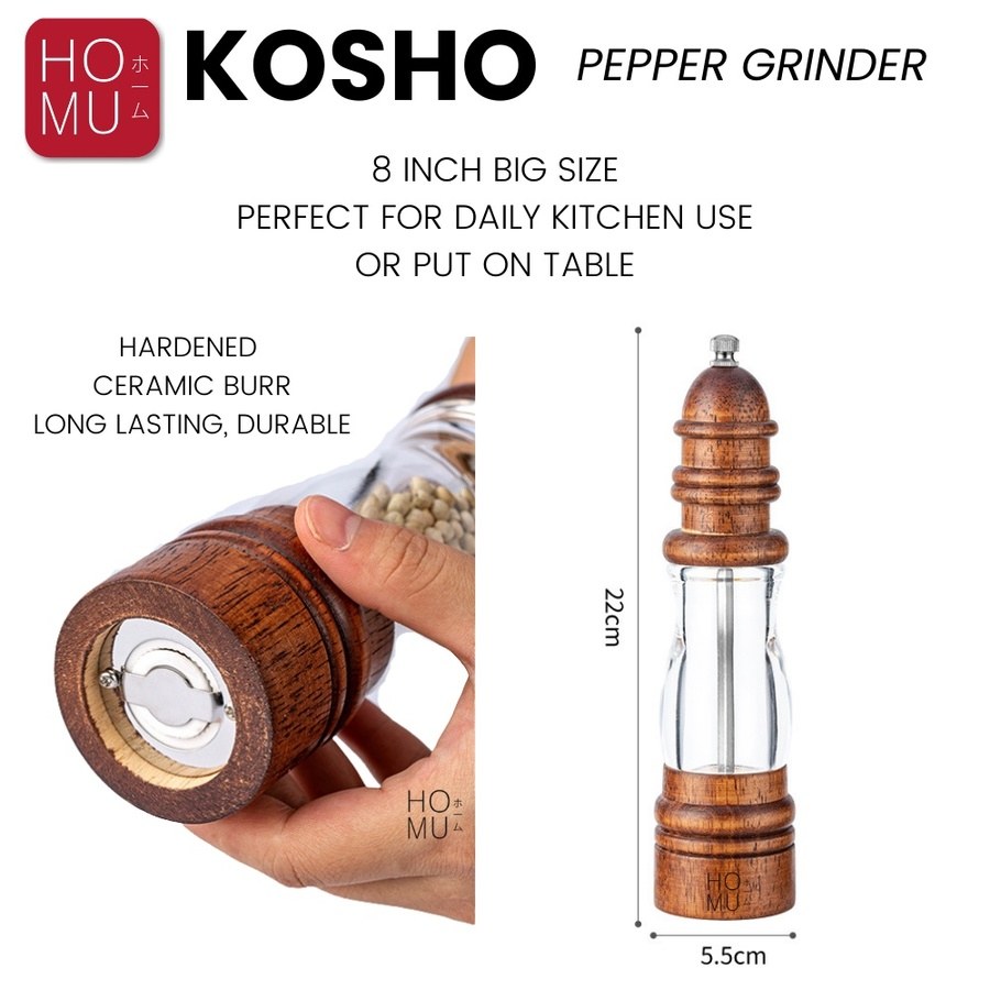 HOMU KOSHO PEPPER GRINDER SALT MILL VINTAGE WOOD ACRYLIC BOTOL PENGGILING LADA MERICA