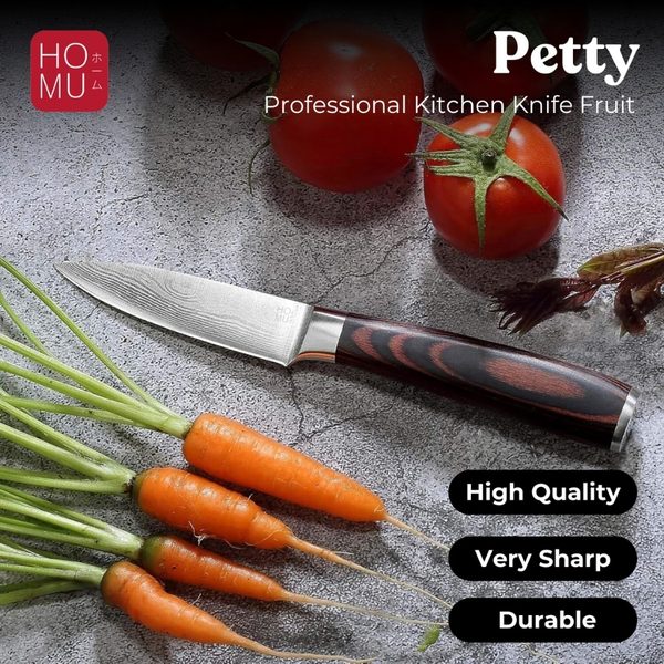 HOMU PETTY PISAU JEPANG PROFESSIONAL KITCHEN KNIFE FRUIT STAINLESS  DAMASCUS PATTERN WOOD HANDLE