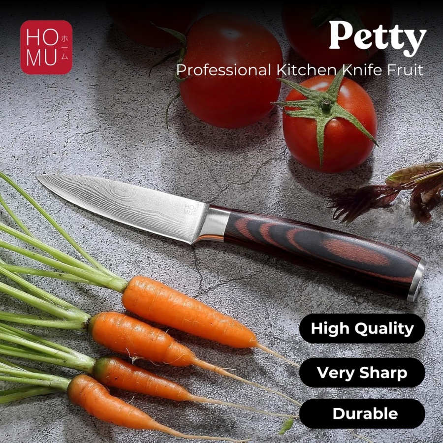 HOMU PETTY PISAU JEPANG PROFESSIONAL KITCHEN KNIFE FRUIT STAINLESS DAMASCUS PATTERN WOOD HANDLE