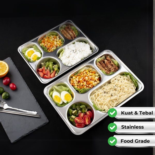 Homu Piring Makan Stainless Steel 5 Sekat Multifungsi Dengan Tutup