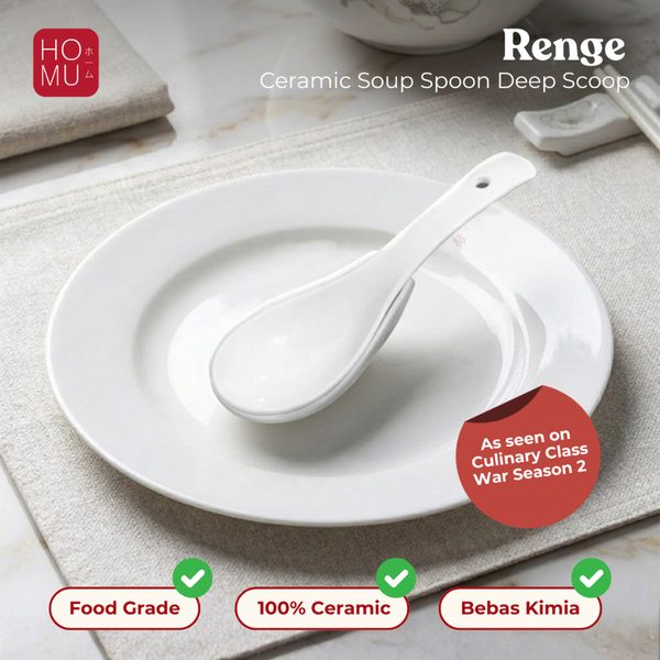 HOMU Renge Japanese Ramen Spoon + Spoon Holder Stand Ceramic Soup Spoon Deep Scoop Porcelain