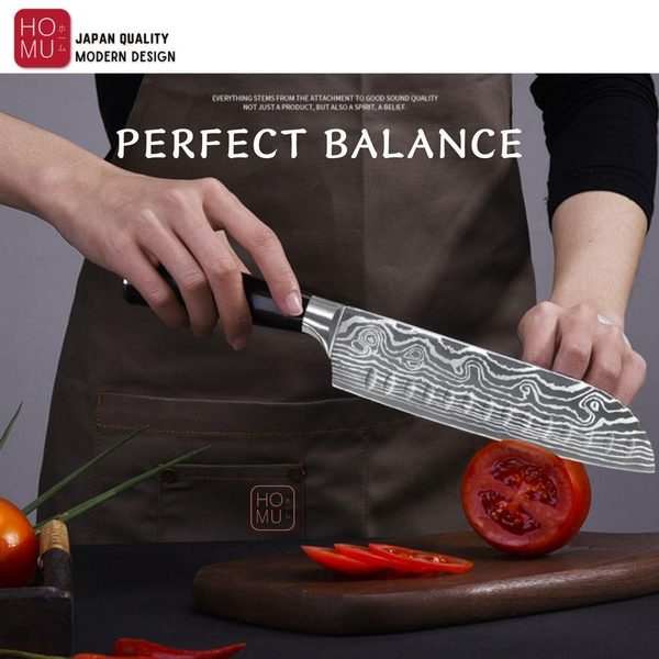HOMU SANTOKU PISAU JEPANG HIGH CARBON STAINLESS DAMASCUS PATTERN KNIFE WOOD HANDLE