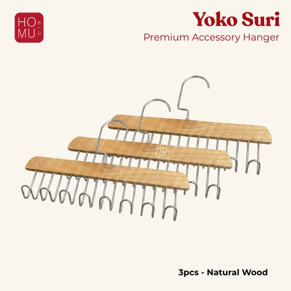 YOKO SURI Hanger Kayu Multifungsi Premium Gantungan Sabuk Aksesoris Kayu 8 Kait Stainless Anti Karat