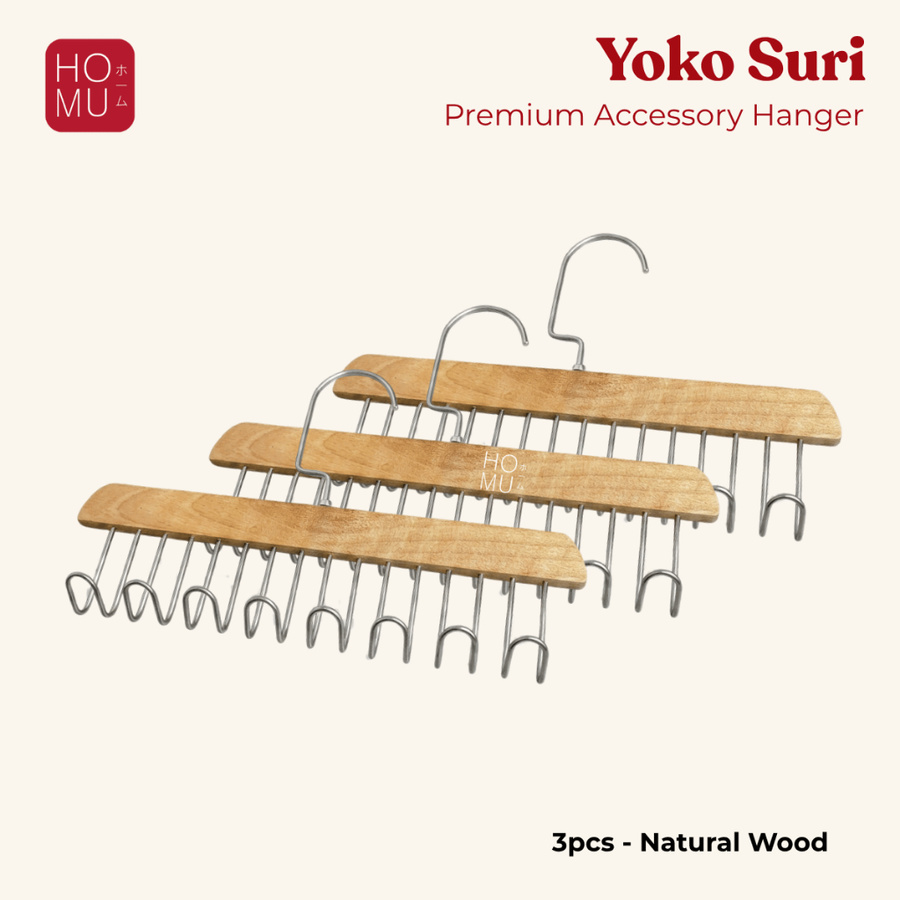YOKO SURI Hanger Kayu Multifungsi Premium Gantungan Sabuk Aksesoris Kayu 8 Kait Stainless Anti Karat