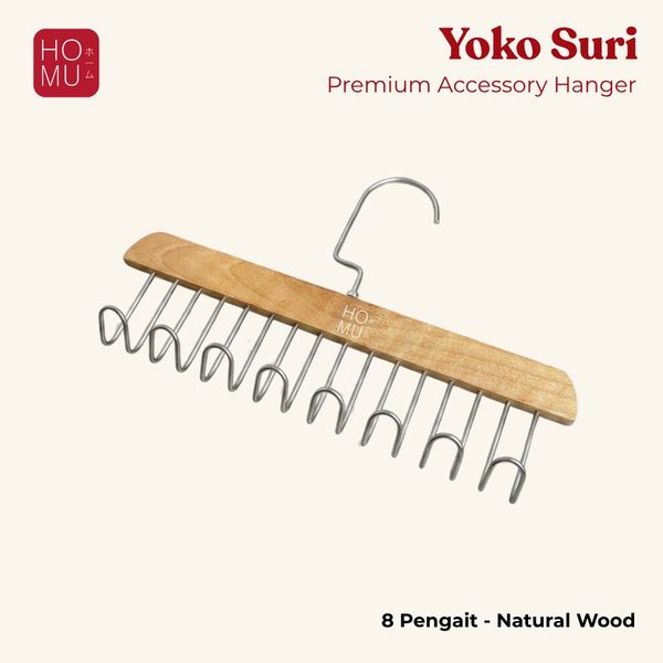 YOKO SURI Hanger Kayu Multifungsi Premium Gantungan Sabuk Aksesoris Kayu 8 Kait Stainless Anti Karat