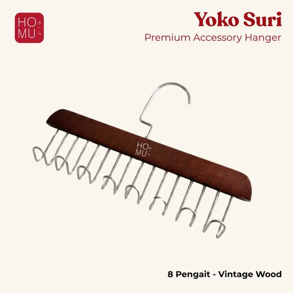 YOKO SURI Hanger Kayu Multifungsi Premium Gantungan Sabuk Aksesoris Kayu 8 Kait Stainless Anti Karat
